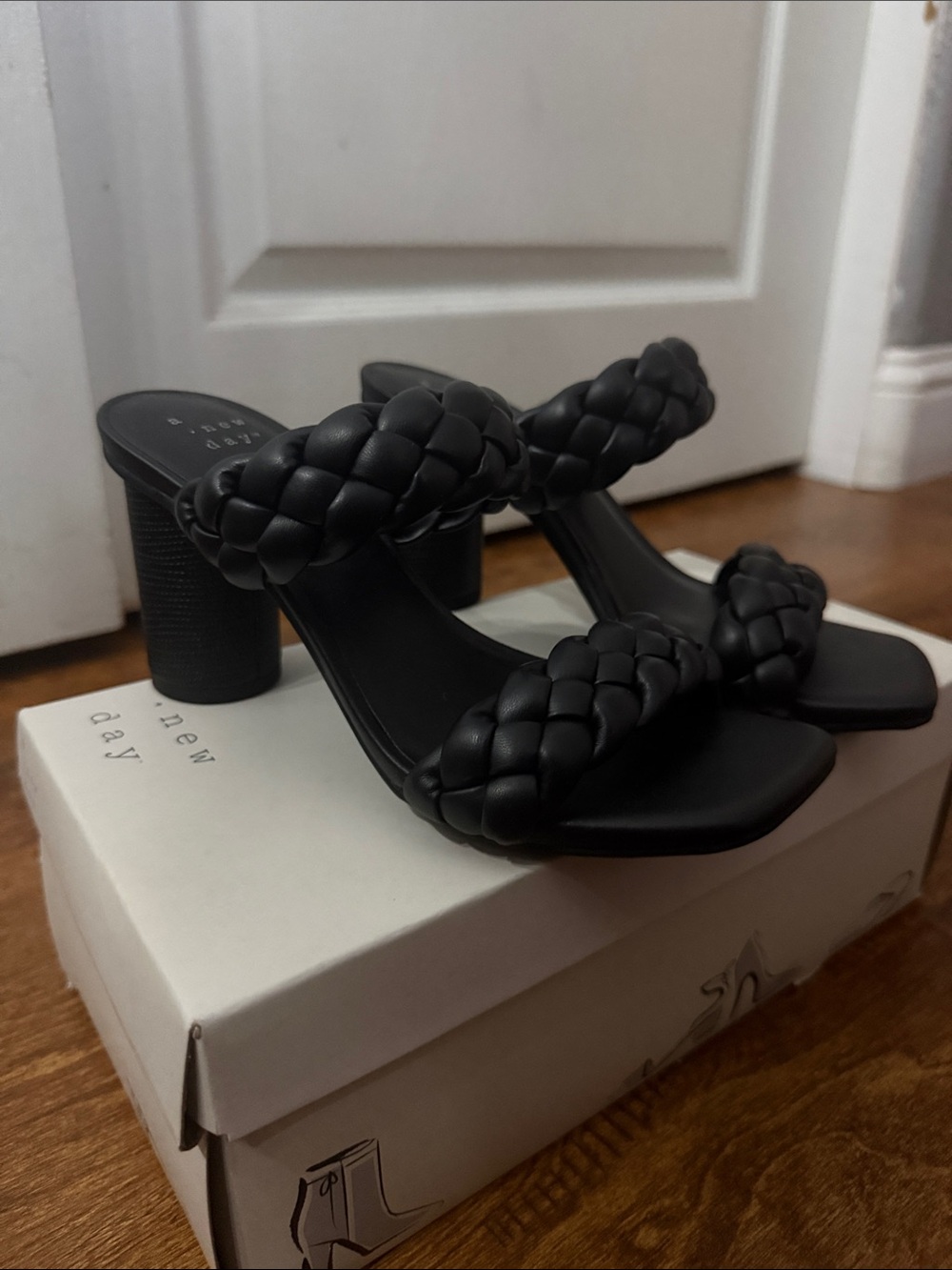 a new day Black Braided Double-Strap Block Heel Mules